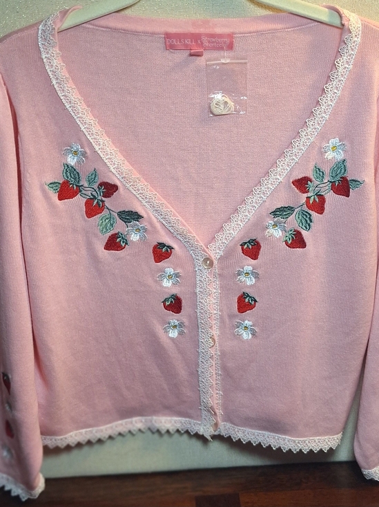 Dolls Kill Sweaters - Dolls Kill Pink Embroidered Strawberry & Daisy Lace-Trim Cardigan